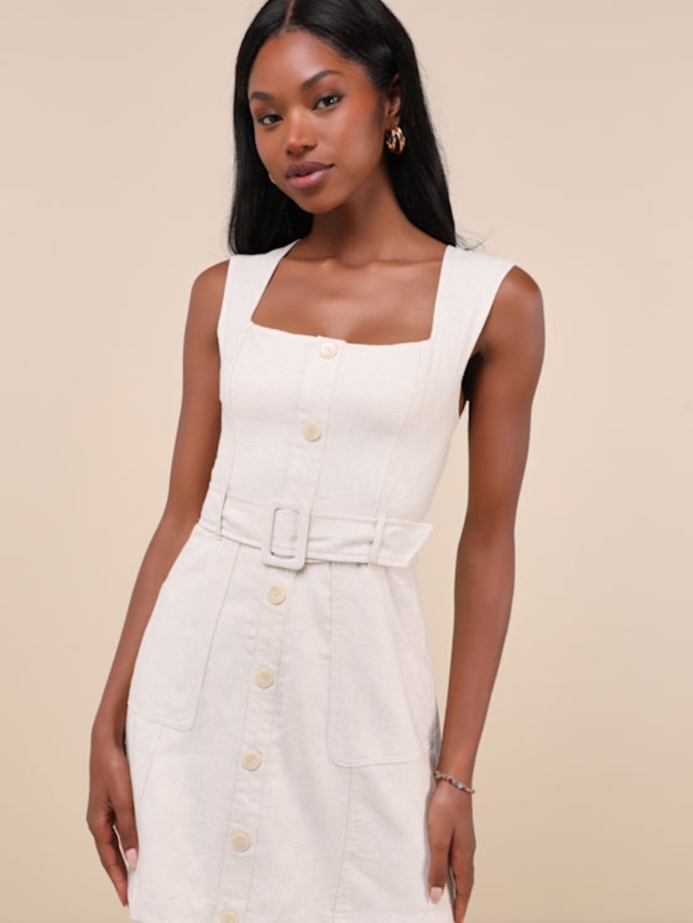Lulus Modern Composure Beige Linen Belted Mini Dress With Pockets - Size XL